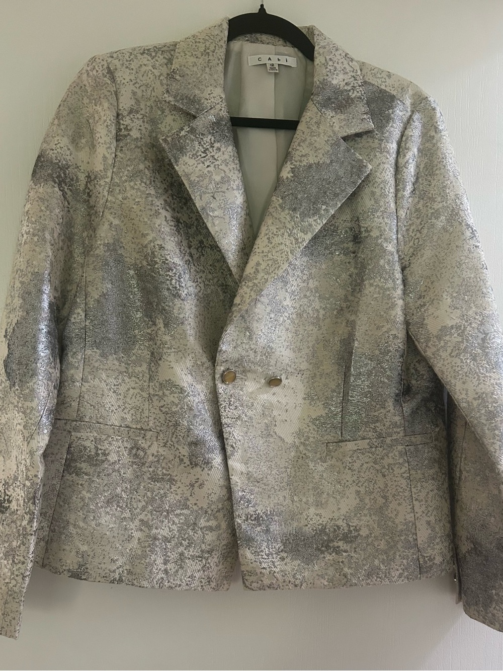 CAbi Silver Metallic Textured Double-Breasted Blazer